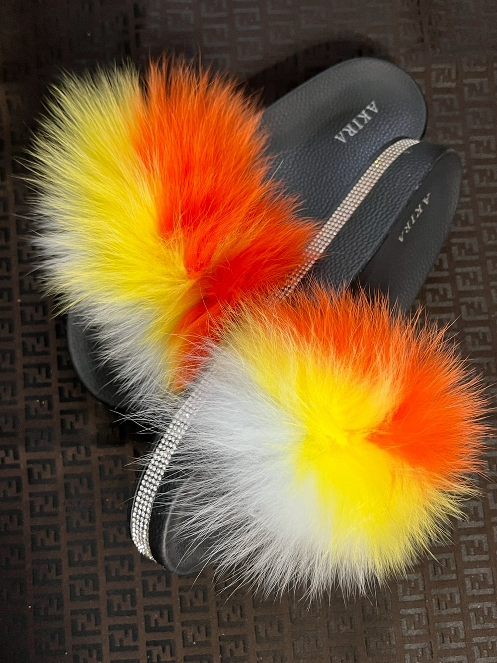 Akira Fuzzy Fur Slides Orange Yellow Blue Rhinestone Accent